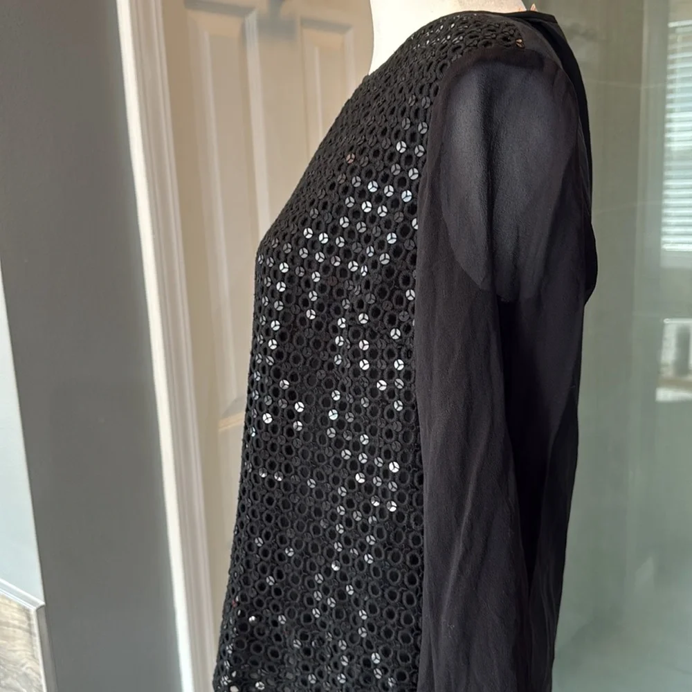 Tory Burch Woman's Long Sleeve Sequin‎ Top Sheer Sleeves Black Size 4